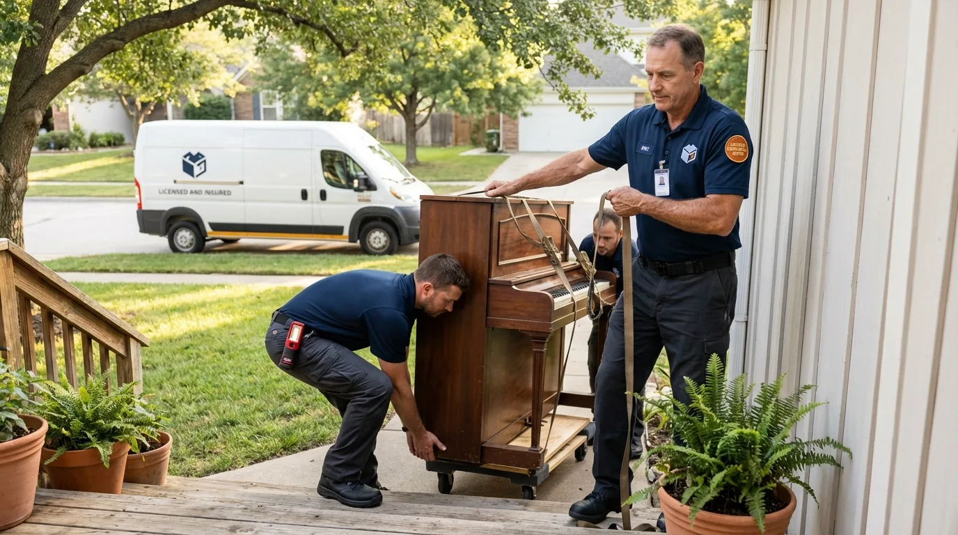 Licensed piano movers securing grand piano in Greenbush, ME