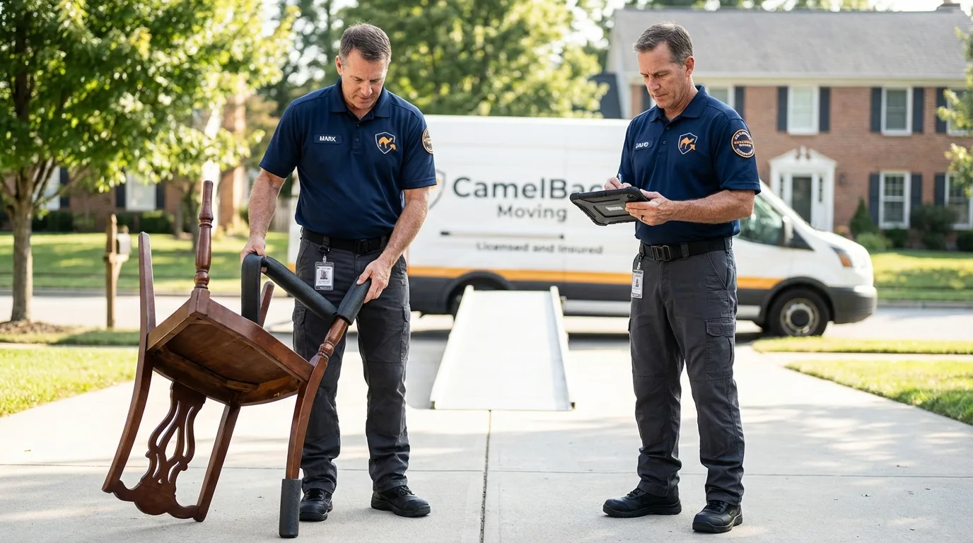 Movers inspecting furniture for damage prevention before loading in Greenbush, ME