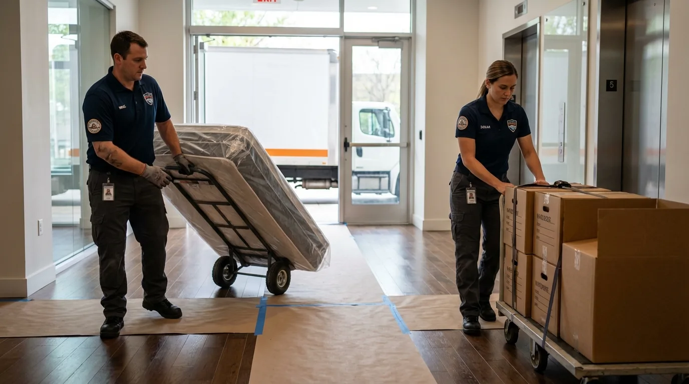 Professional apartment movers loading elevator in Greenbush, ME