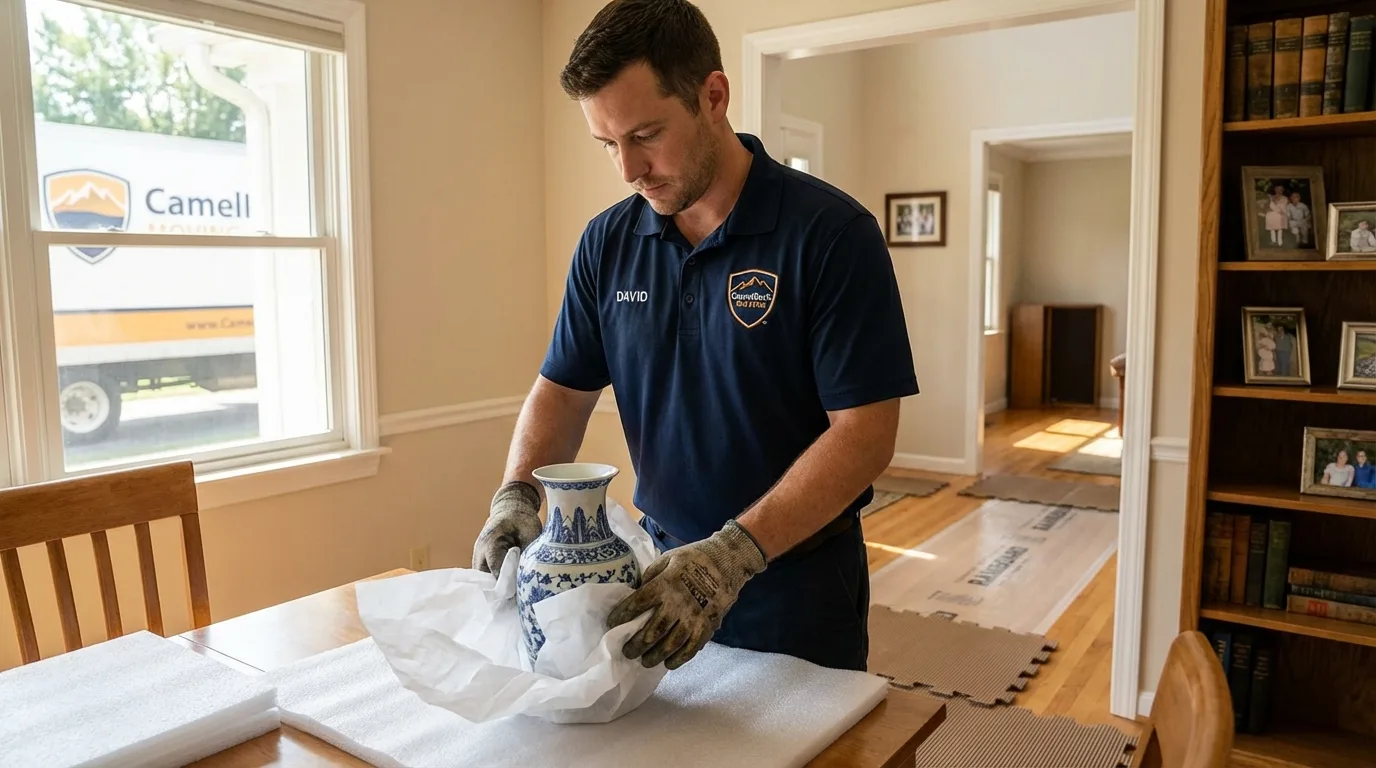 Professional crew carefully wrapping antique vase for senior downsizing move in Greenbush, ME