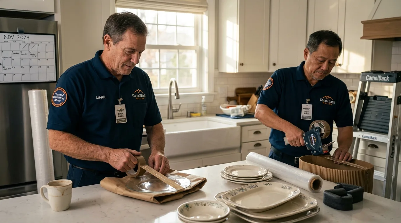 Professional crew packing kitchen dishware in Greenbush, ME